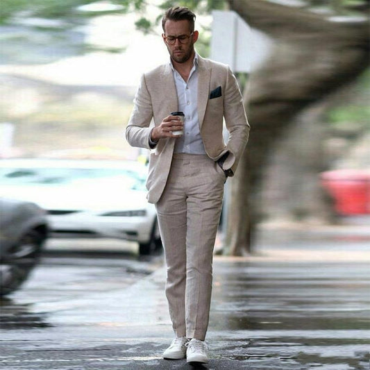 Costume Homme Summer Beach Linen Wedding Slim Fit Men Suits Groom Peaked Lapel Bridegroom Suits 2 Piece(Jacket+Pant)