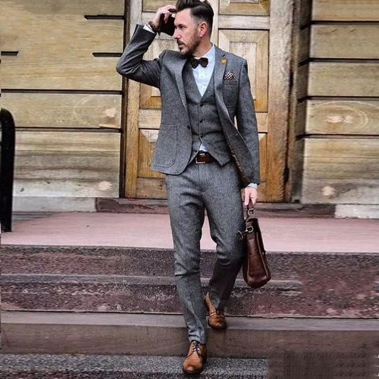 Costume Homme Vintage Long White Long Wedding Tuxedos for Groom Gray Tweed Three Piece Formal Men Suits (Jacket + Pants + Vest)