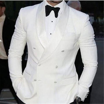 White Double Breasted Terno Groom Tuxedos Groomsmen Men Wedding Suits Groom Prom Blazer( Jacket+Black Pant+Tie)