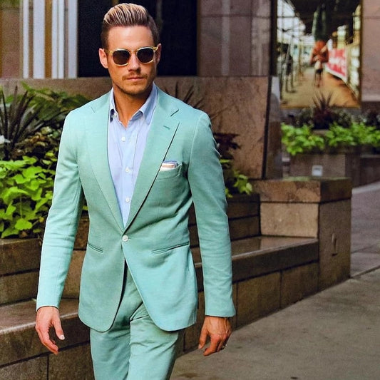 Costume Mint Green Men Suits Slim Fit Two Pieces Groomsmen Wedding Tuxedos Peaked Lapel Formal Prom Suit (Jacket+Pant)