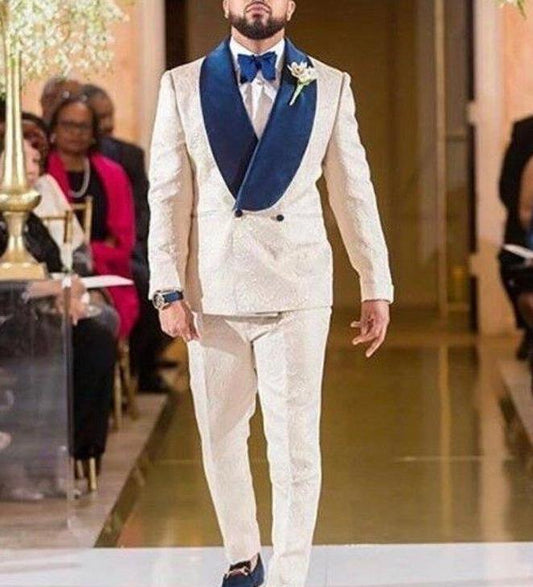 Costume Double-Breasted Ivory Paisley Wedding Men Suits Shawl Lapel Two Pieces Business Groom Tuxedos (Jacket+Pants+Tie)