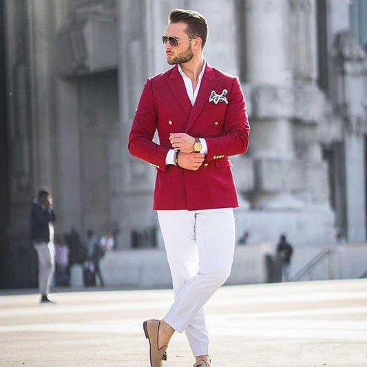 Costumes Pour Hommes Terno Red Coat With White Pant Men Business Suits Groom Wedding Tuxedo Outfit Man Blazer 2 Pcs