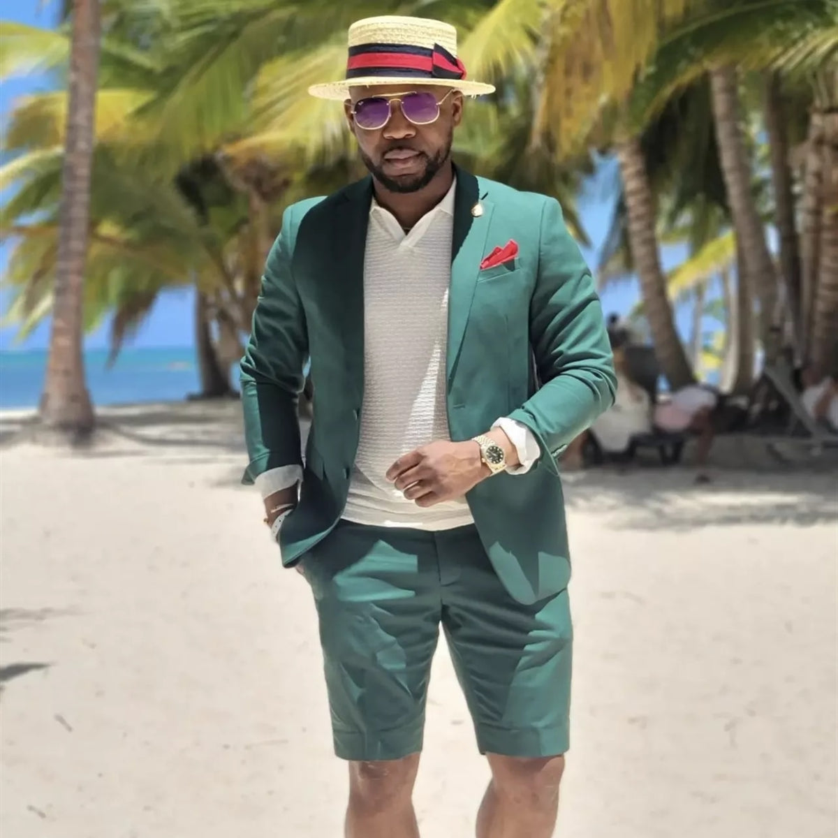 Trajes de hombre con solapa de muesca verde personalizados y pantalón corto, para graduación, boda, padrinos de boda, esmoquin de diario (chaqueta + pantalón) 