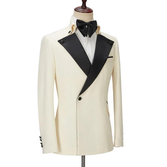 Custom Ivory Men Suits Single Breasted Black Peaked Lapel Groom Wedding Tuxedos Slim Fit Prom Blazer Terno 2 Pieces