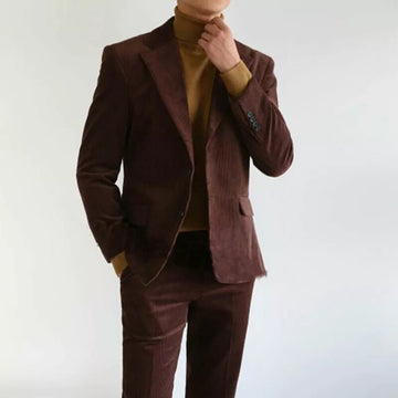 Custom Made Brown Corduroy Men Suits Wide Notch Lapel Wedding Slim Fit Blazer 2 Pieces Jacket Pant Texedo Terno Prom