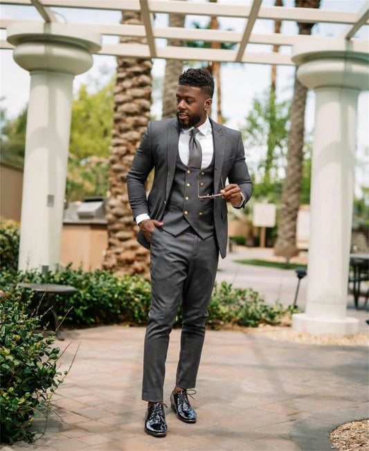 Custom Made Dark Gray Winter Men Pants Suits Groom Best Man Coat Suit Business Wedding Blazer (Jacket+Vest+Pants)