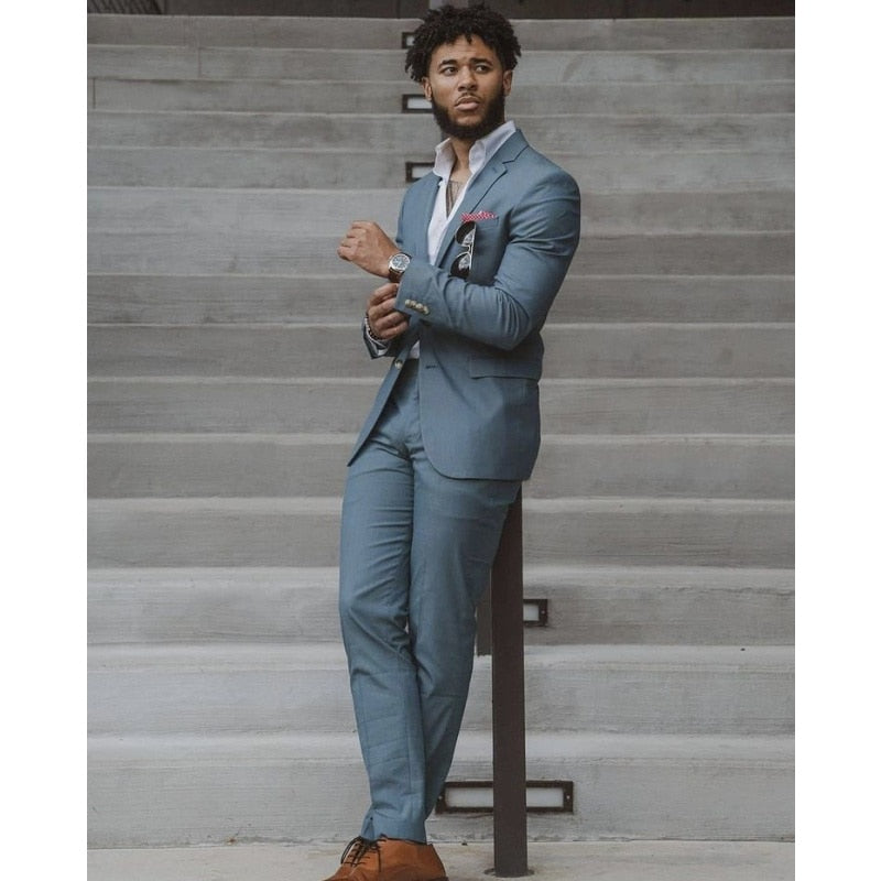 Custom Made Dusty Blue Blazer Trousers Men Suits Slim Fit Groom Tuxedo Wedding Business Party Male Clothing 2Pieces Jacket+Pants