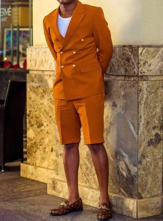 Custom Made Groomsmen Brown Groom Tuxedos Peak Lapel Men Suits 2 Pieces Wedding Bridegroom ((Jacket + Short Pants + Tie)