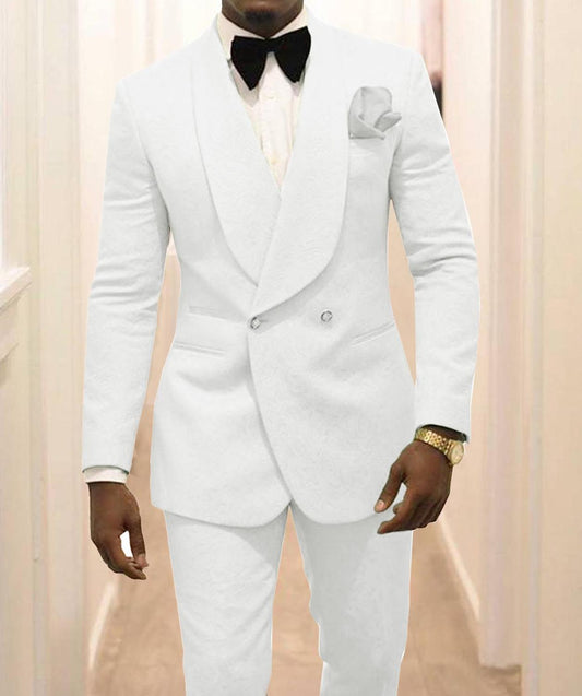 Groomsmen White Pattern Groom Tuxedos Shawl Lapel Men Suits 2 Pieces Wedding Best Man ( Jacket+Pants ) Costume Homme