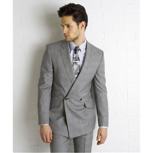 Custom Made Light Grey Double Breasted Suit Side Vent Slim Fit Men Suit Wedding Men Suits Bridegroom 2 Pcs(Jacket+Pants+Tie)