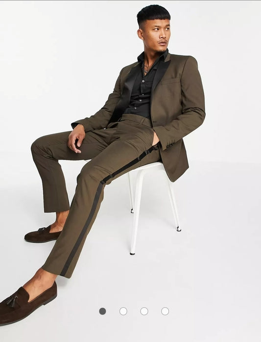 Custom Made Men Suits Brown Groom Tuxedos Peak Black Lapel Groomsmen 2 Pieces Set Wedding (Jacket + Pants + Bow Tie)