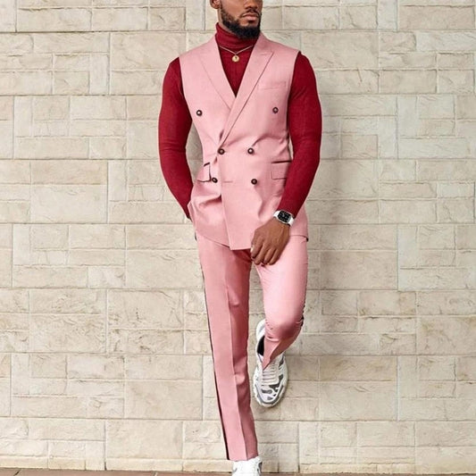 Custom Made Pink Notch Lapel Vest Pant 2 Pcs Double Breasted Wedding Slim Fit Groom Tuxedo Prom Blazer Men Suits