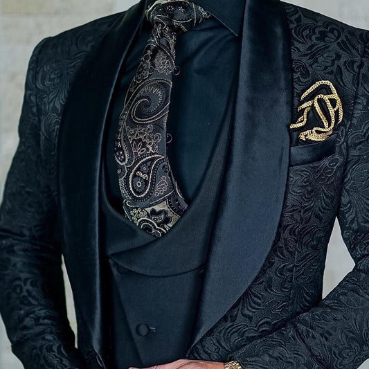 Custom Made Satin Jacquard Wedding Groom Slim Fit Men Suits with Shawl Lapel 3 Pieces (Blazer + Vest + Pants )