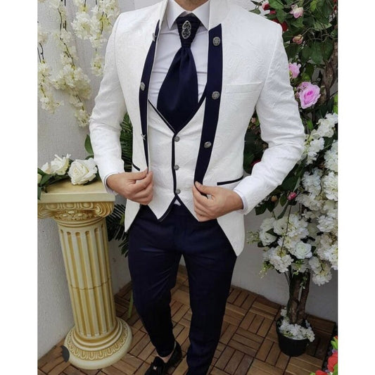 Custom Made White Pattern Jacquard Men Suits 3 Pieces Slim Fit Business Wedding Groom Blazer Daily Wear Outfits Jacket+Pant+Vest