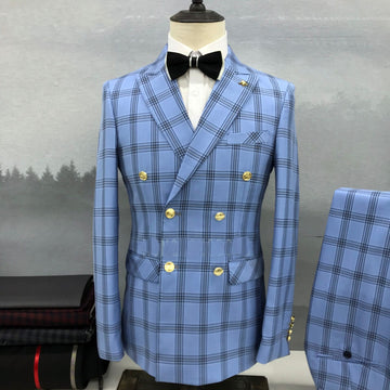 Custom double breasted Blue Plaid formal wedding suits Men's bridegroom party suit business casual slim fit 2-pieces