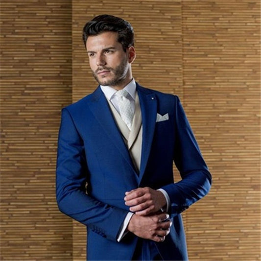 Blue Tailor Made Men Suit Groom Terno Slim Fit Formal Blazer 3 Pieces Wedding Tuxedos Jacket+Pant+Vest