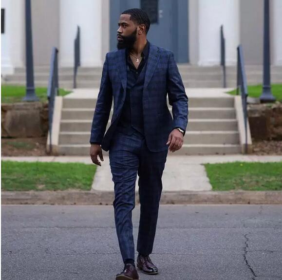 Dark Blue Damier Check Men Suit Notched Lapel For Wedding Tuxedos Three Pieces Groom Wear Prom Blazers (Jacket+Vest+Pants)