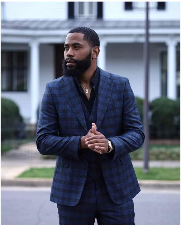 Dark Blue Damier Check Men Suit Notched Lapel For Wedding Tuxedos Three Pieces Groom Wear Prom Blazers (Jacket+Vest+Pants)