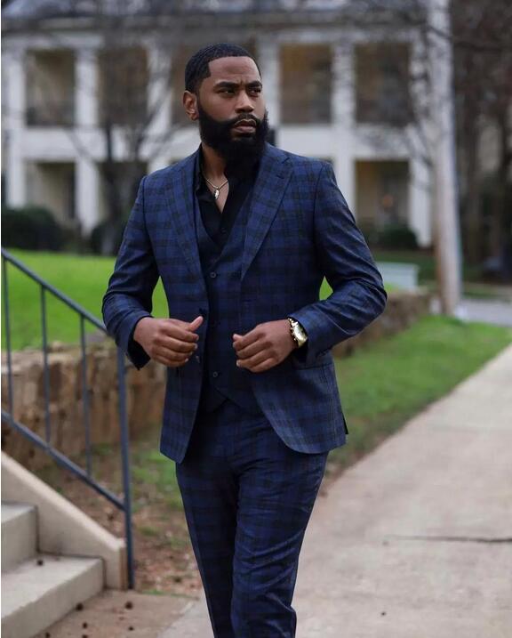 Dark Blue Damier Check Men Suit Notched Lapel For Wedding Tuxedos Three Pieces Groom Wear Prom Blazers (Jacket+Vest+Pants)
