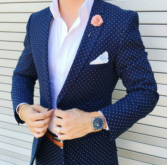 Dark Blue Dot Men's Suit Peaked Lapel Blazers Wedding Tuxedos One Button Slim Fit Groom 2 Pieces Prom Jacket Pants