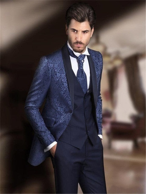 Dark Blue Pattern Jacket With Shawl Lapel Men Wedding Suits 3 Pieces Costume Homme Groom Terno Slim Fit Blazer