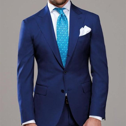 Dark Blue Peak Lapel Men Suits Two Buttons Wedding Suits Tuxedo Costume Homme Men Blazer Two Piece Tuxedos (Jacket+Pants+tie)