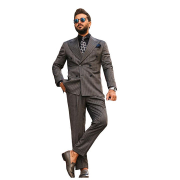 Dark Gray Striped Men Pants Suit 2 Pieces Plus Size Groom Tuxedos Peaked Lapel Prom Party Blazer (Jacket+Pants)