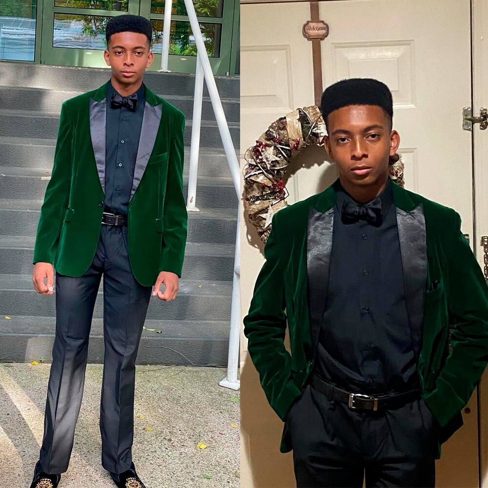 Dark Green Velvet Men Suits 2 Pieces Blazer Black Pants One Button Tailored Slim Fit Formal Business Work Groom Prom Casual