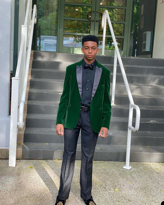 Costume 2 pièces en velours vert foncé pour homme, blazer, pantalon noir, un bouton, coupe cintrée, formel, pour le travail, le marié, le bal, décontracté 