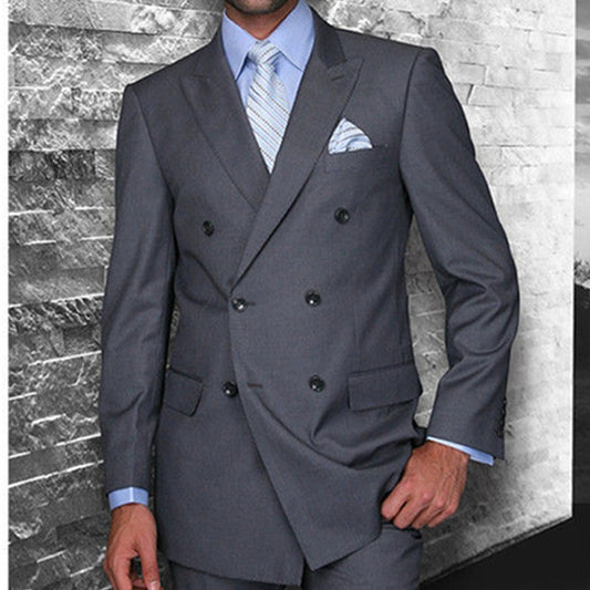 Dark Grey Wedding Suits with Double Breasted Slim Fit British Style Custom Made Groom Tuxedo 2 Piece Jacket Pants