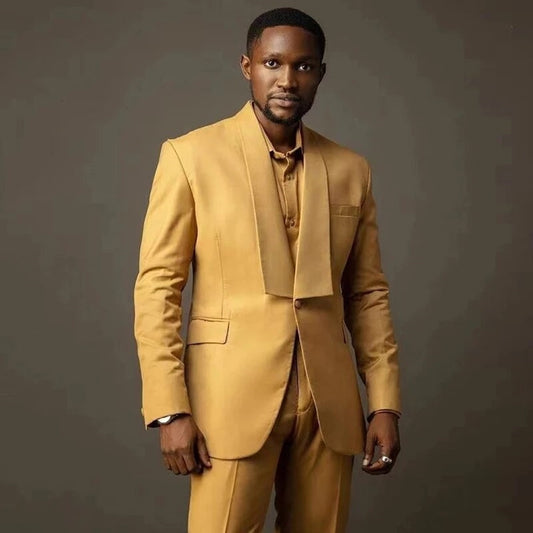 Designer Gold Wide Lapel Men Suits Costume Homme Wedding Groom Tuxedo Terno Prom Men Blazer 2 Pieces Suits Set