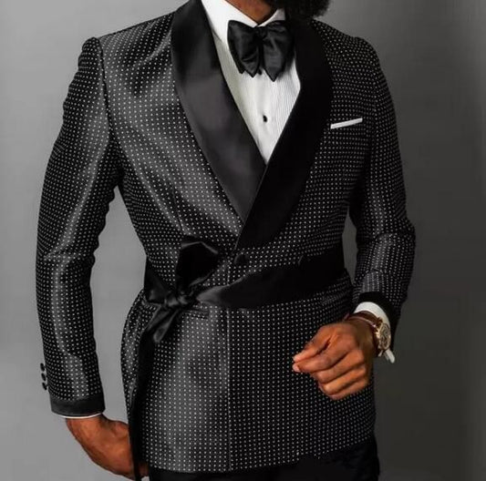 Double Breasted Black Polka Dot Groom Tuxedos Shawl Lapel Men Suits 2 pieces WeddingPromDinner Blazer (Jacket+Pants+Bowtie)