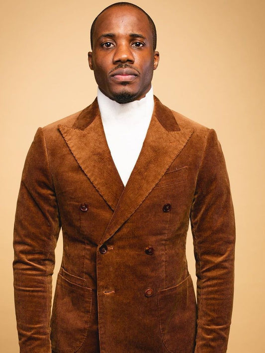 Double Breasted Blazer Men Groom'S Wedding Suit Corduroy Brown 2 Piece Slim Fit Custom Homme Dress(Jacket+Pants)