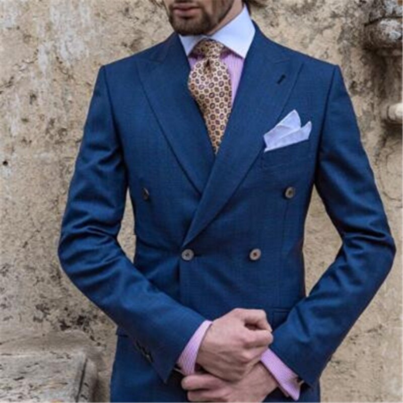 Conjunto de dos piezas de chaqueta, pantalón y corbata con solapa de pico para hombre, estilo blazer azul informal de doble botonadura para boda. 