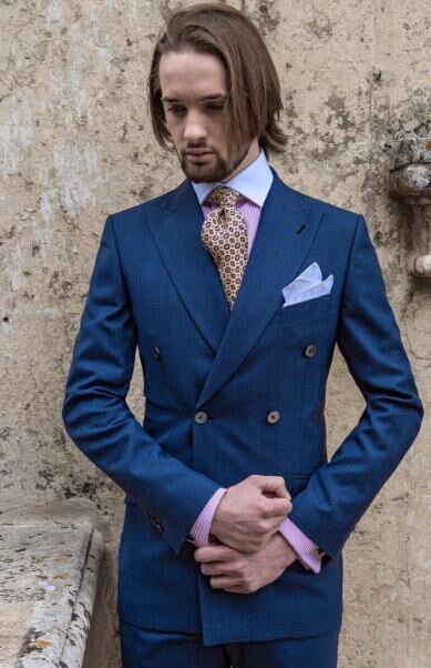 Conjunto de dos piezas de chaqueta, pantalón y corbata con solapa de pico para hombre, estilo blazer azul informal de doble botonadura para boda. 