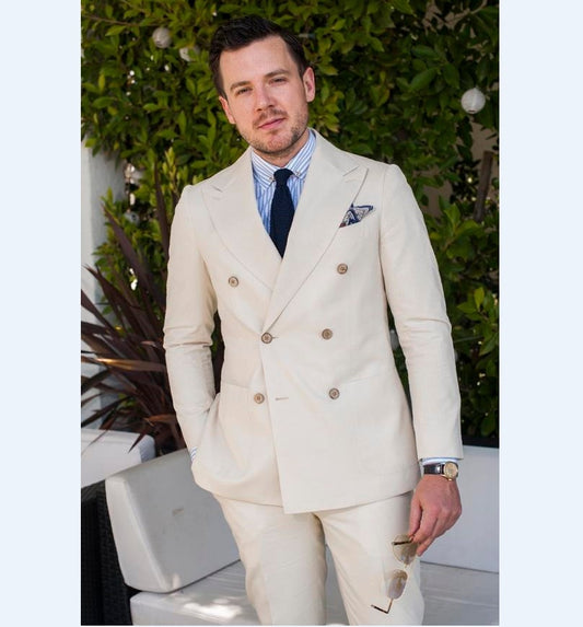 Double-Breasted Groomsmen Peak Lapel Groom Tuxedos Beige Men Suits Wedding Best Man (Jacket+Pants+Tie+Hankerchief)