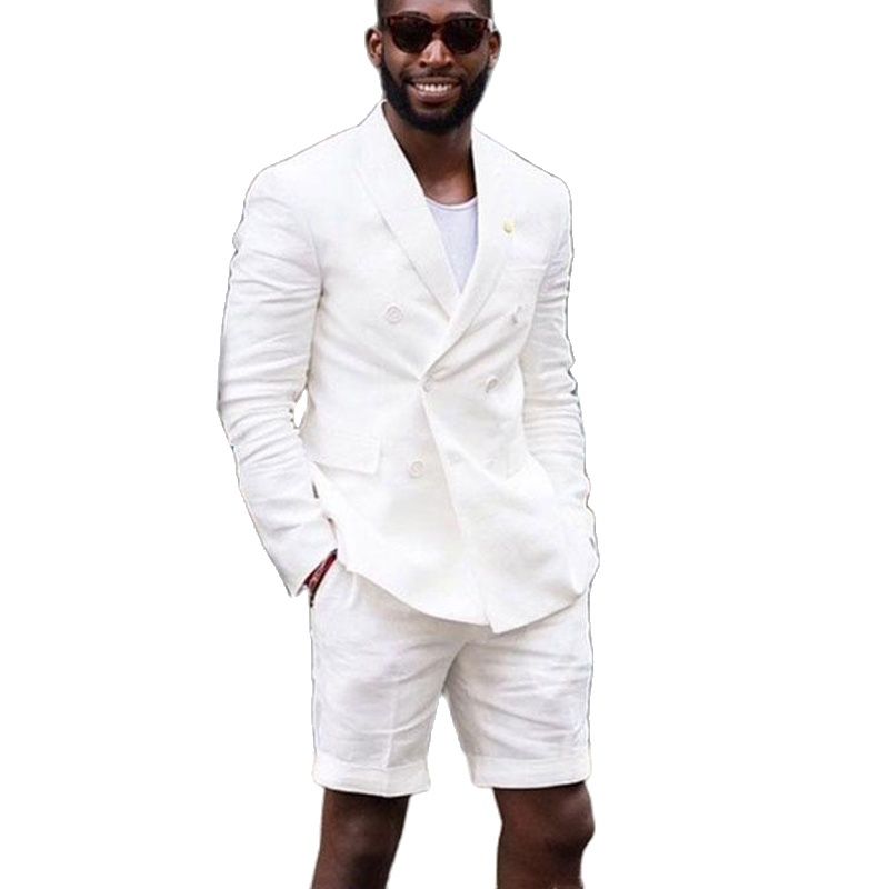 Double Breasted Linen Summer Men Suits with Short Pants 2 Piece White Blazer Casual Style Wedding Groom Tuxedos