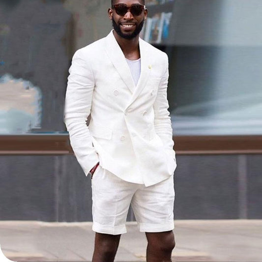 Double Breasted Linen Summer Men Suits with Short Pants 2 Piece White Blazer Casual Style Wedding Groom Tuxedos