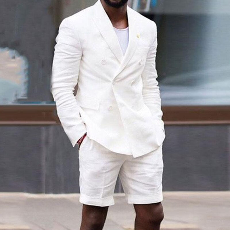 Double Breasted Linen Summer Men Suits with Short Pants 2 Piece White Blazer Casual Style Wedding Groom Tuxedos