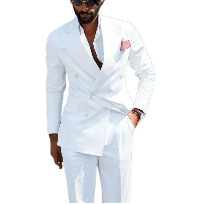 Double Breasted Men Suits White Slim Fit Wedding Tuxedo for Groom 2 Piece Casual Style Jacket with Pants