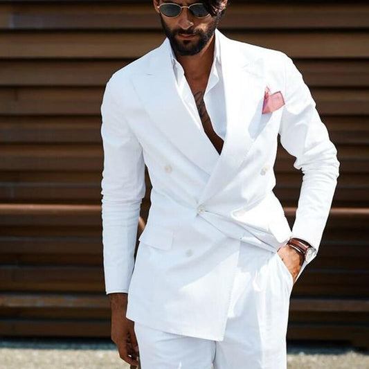 Double Breasted Men Suits White Slim Fit Wedding Tuxedo for Groom 2 Piece Casual Style (Jacket+Pants)