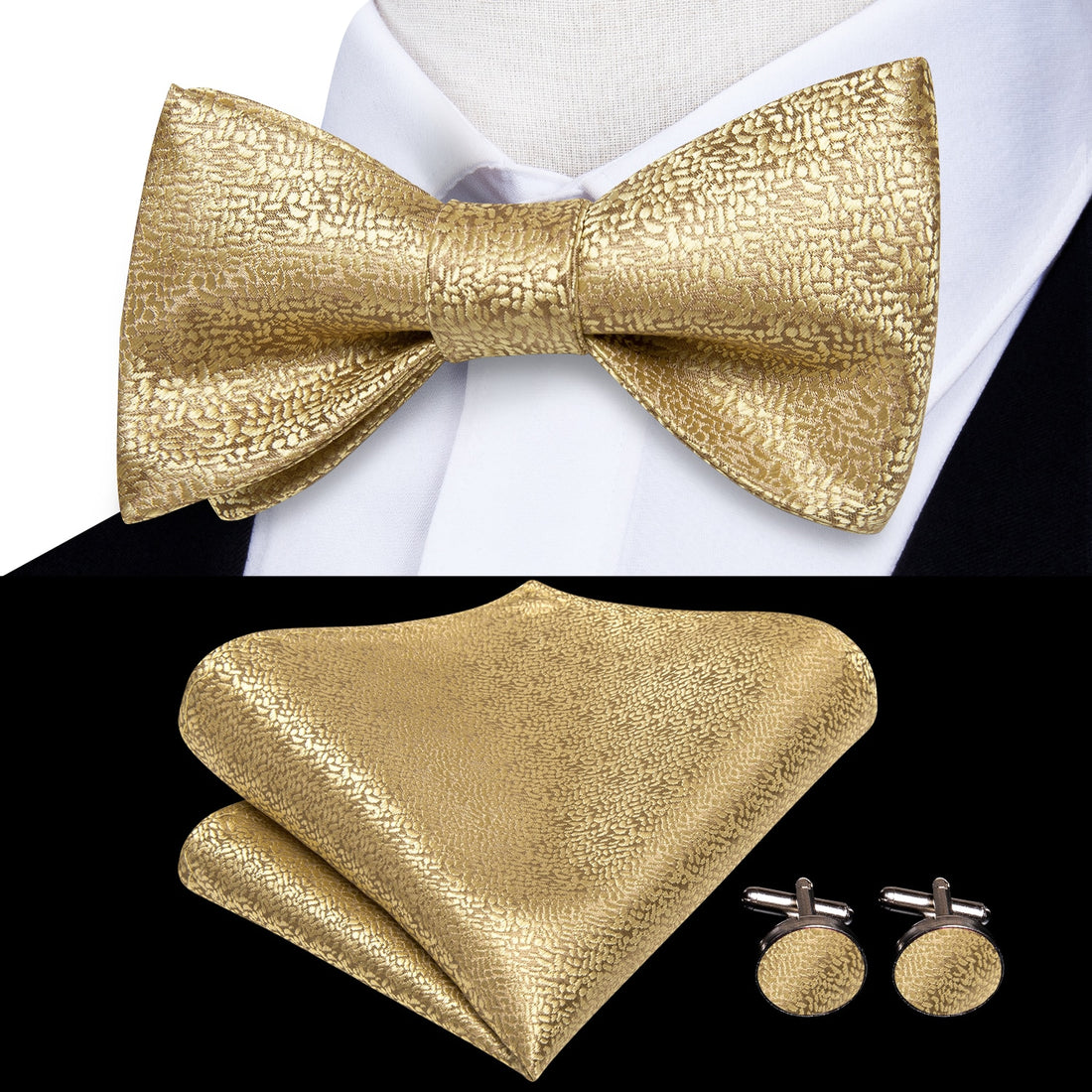 Jacquard Silk Men Self Bow Tie Hanky Cufflinks Set Butterfly Knot Bowtie Business