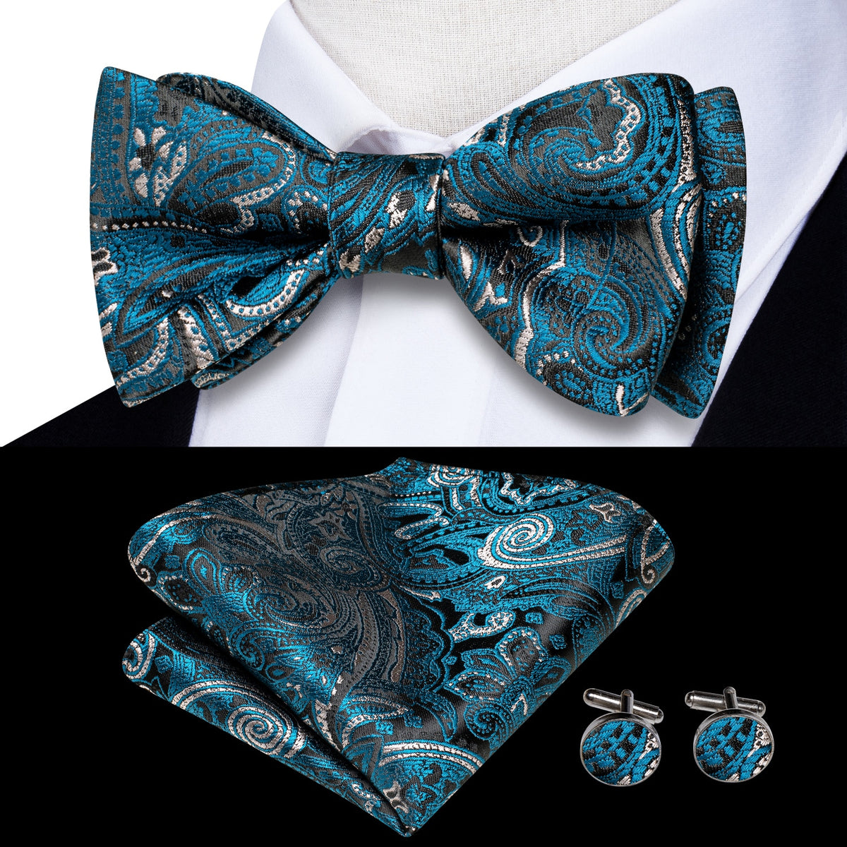 Conjunto de gemelos y pañuelo de seda jacquard para hombre con lazo y nudo de mariposa