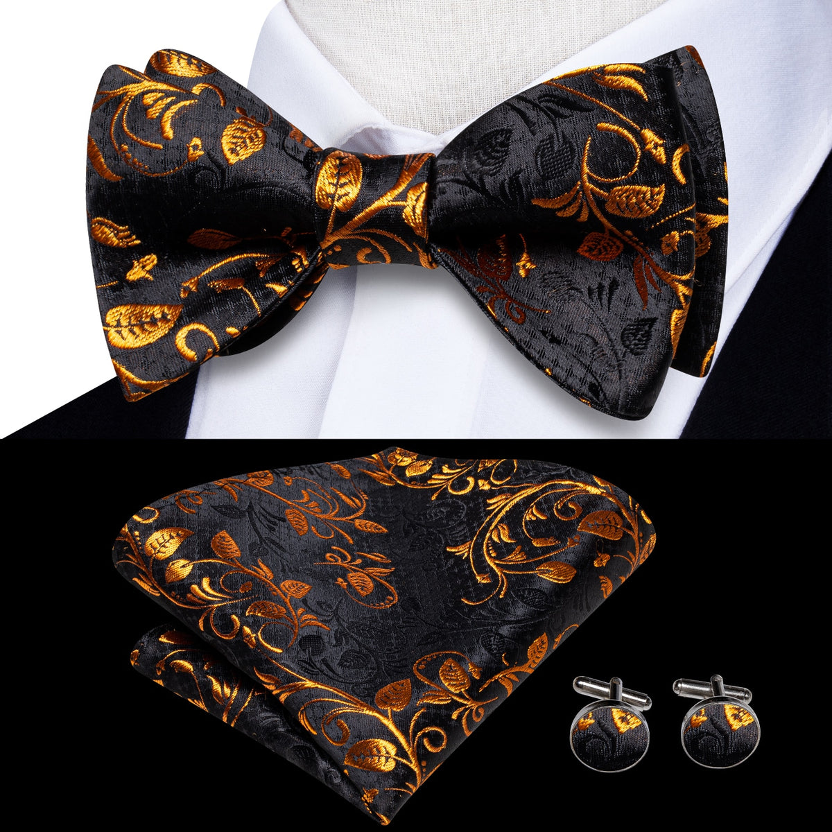 Conjunto de gemelos y pañuelo de seda jacquard para hombre con lazo y nudo de mariposa