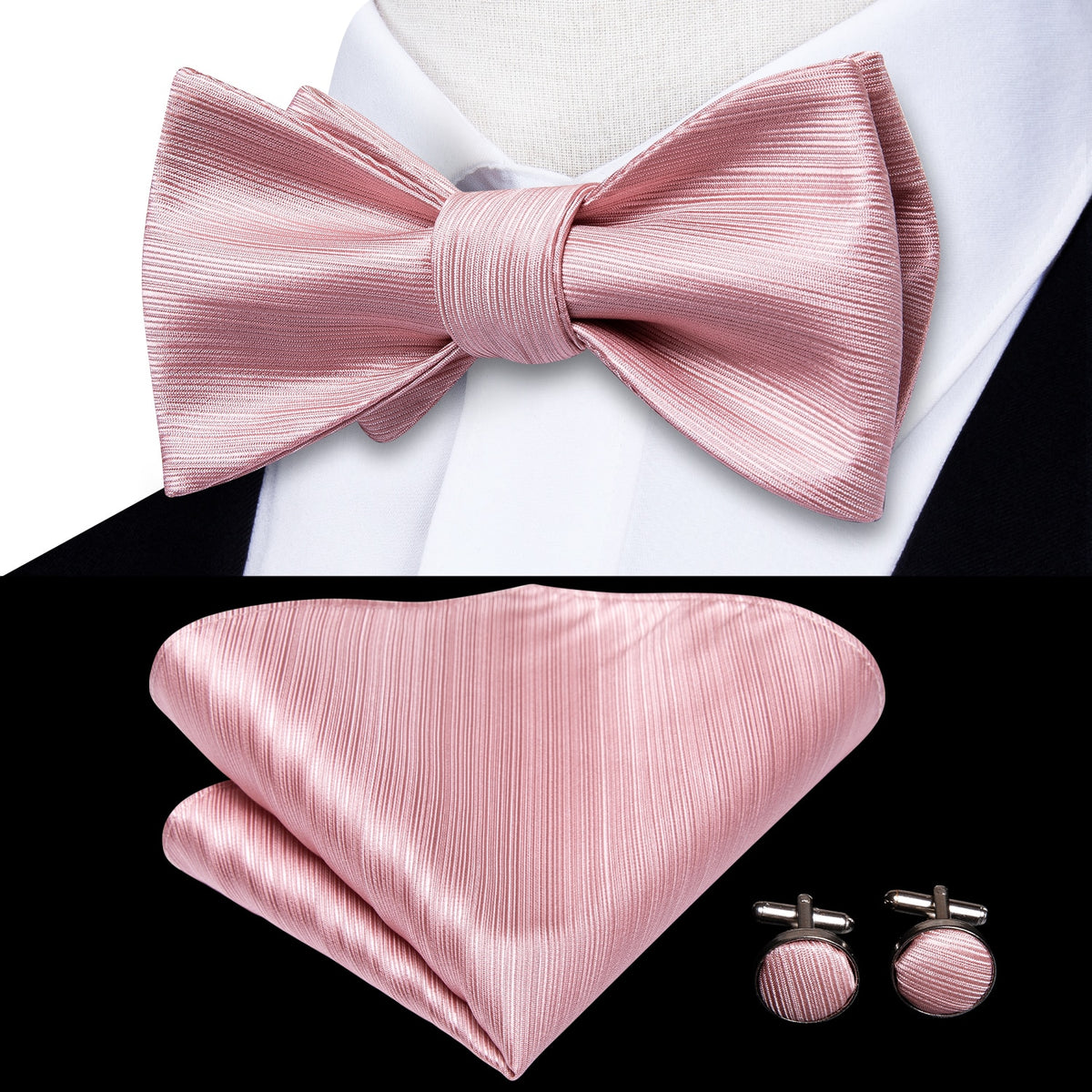 Conjunto de gemelos y pañuelo de seda jacquard para hombre con lazo y nudo de mariposa