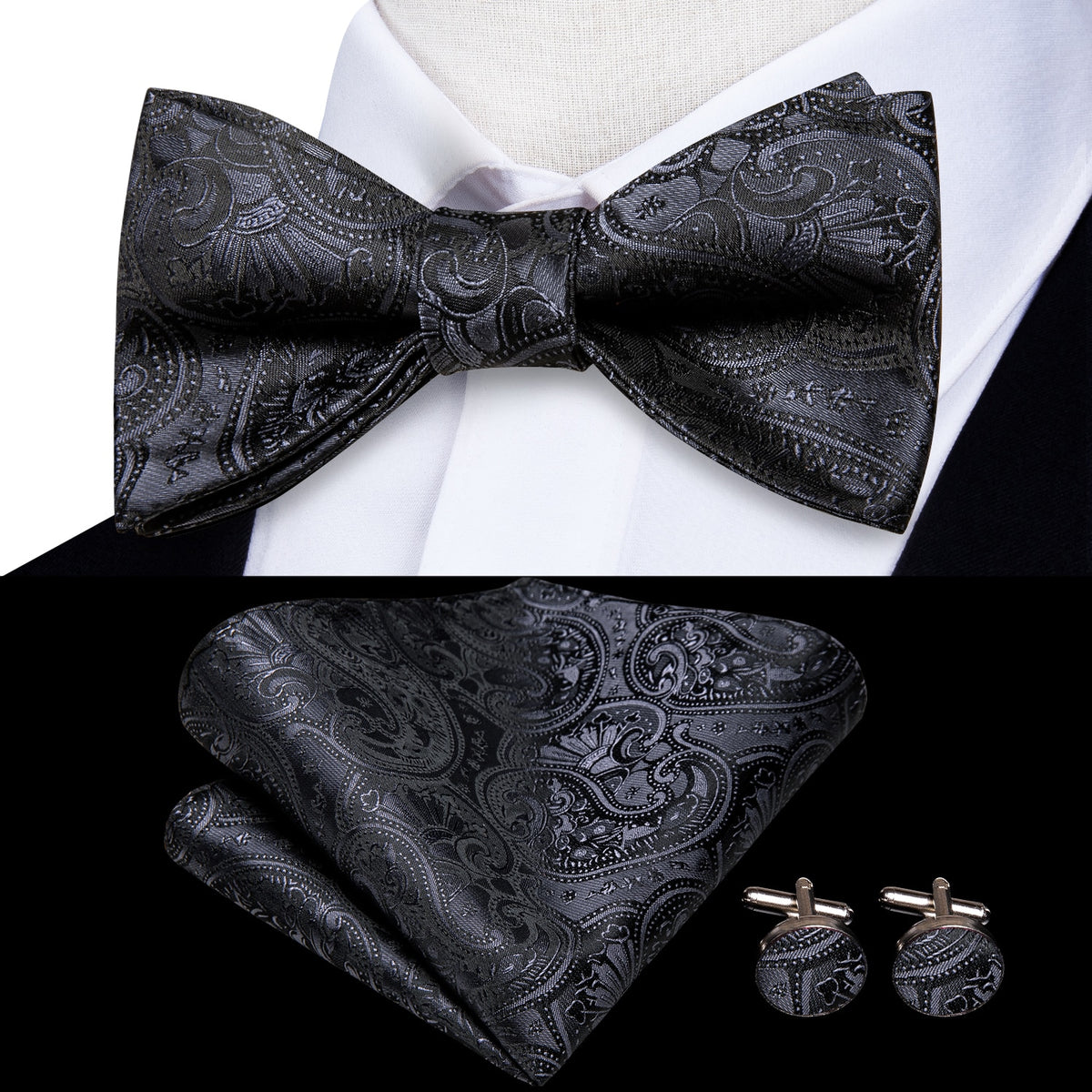 Conjunto de gemelos y pañuelo de seda jacquard para hombre con lazo y nudo de mariposa