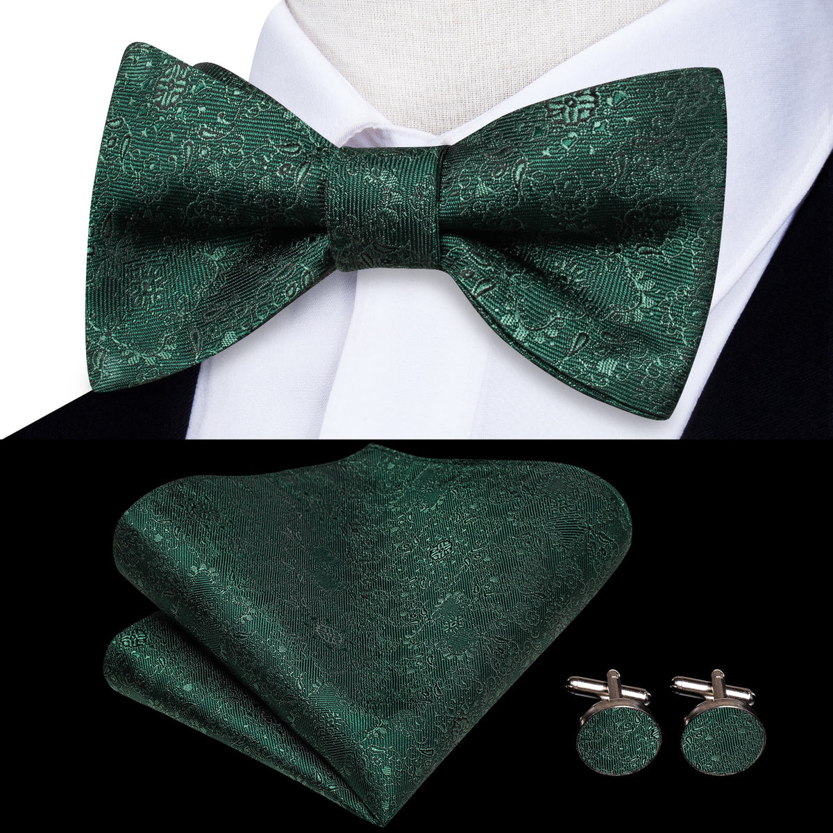 Conjunto de gemelos y pañuelo de seda jacquard para hombre con lazo y nudo de mariposa