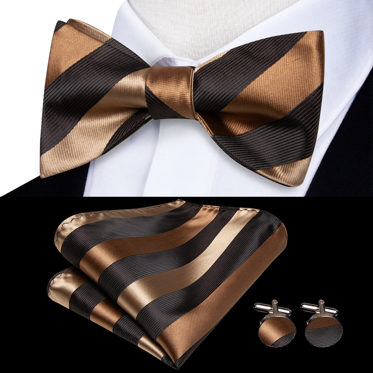 Conjunto de gemelos y pañuelo de seda jacquard para hombre con lazo y nudo de mariposa