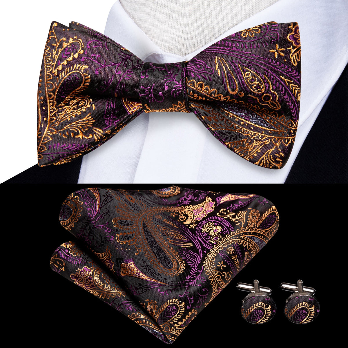 Conjunto de gemelos y pañuelo de seda jacquard para hombre con lazo y nudo de mariposa