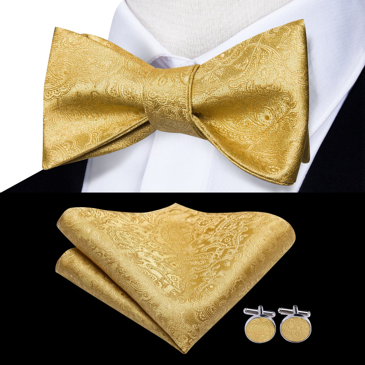 Conjunto de gemelos y pañuelo de seda jacquard para hombre con lazo y nudo de mariposa